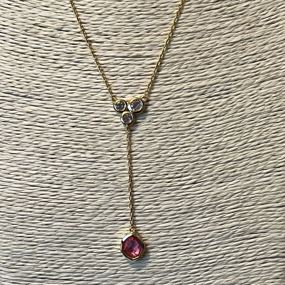 🔵REAL SIMPLE STYLE TALIA NWT YELLOW GOLD-PLATED & PINK/CLEAR CRYSTALS NECKLACE